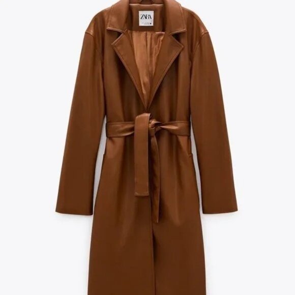 Zara Jackets & Blazers - ZARA Brown Faux Leather Belted Long Trench Coat Sz M